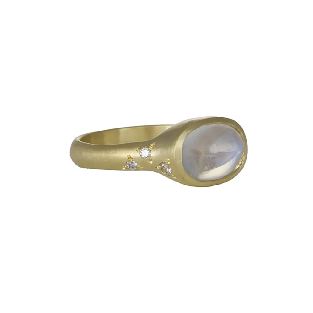 Monica Marcella - Oval Moonstone Ring with Three Diamond Stars